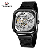 Forsining Men’s Square Mechanical Watch – Stainless Steel Skeleton Dial, Luminous Hands