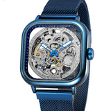 Forsining Men’s Square Mechanical Watch – Stainless Steel Skeleton Dial, Luminous Hands