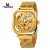 Forsining Men’s Square Mechanical Watch – Stainless Steel Skeleton Dial, Luminous Hands