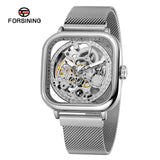 Forsining Men’s Square Mechanical Watch – Stainless Steel Skeleton Dial, Luminous Hands