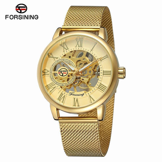 Forsining Men’s Mechanical Skeleton Watch – Mesh Strap Fashion Timepiece with Hollow Dial