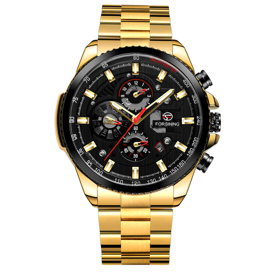 FORSINING Men's Mechanical Watch – Luminous Chronograph, Steel Strap, Auto Calendar