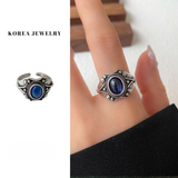 Blue Oval Antique Ring for Women – Adjustable French Retro Copper Statement Jewelry