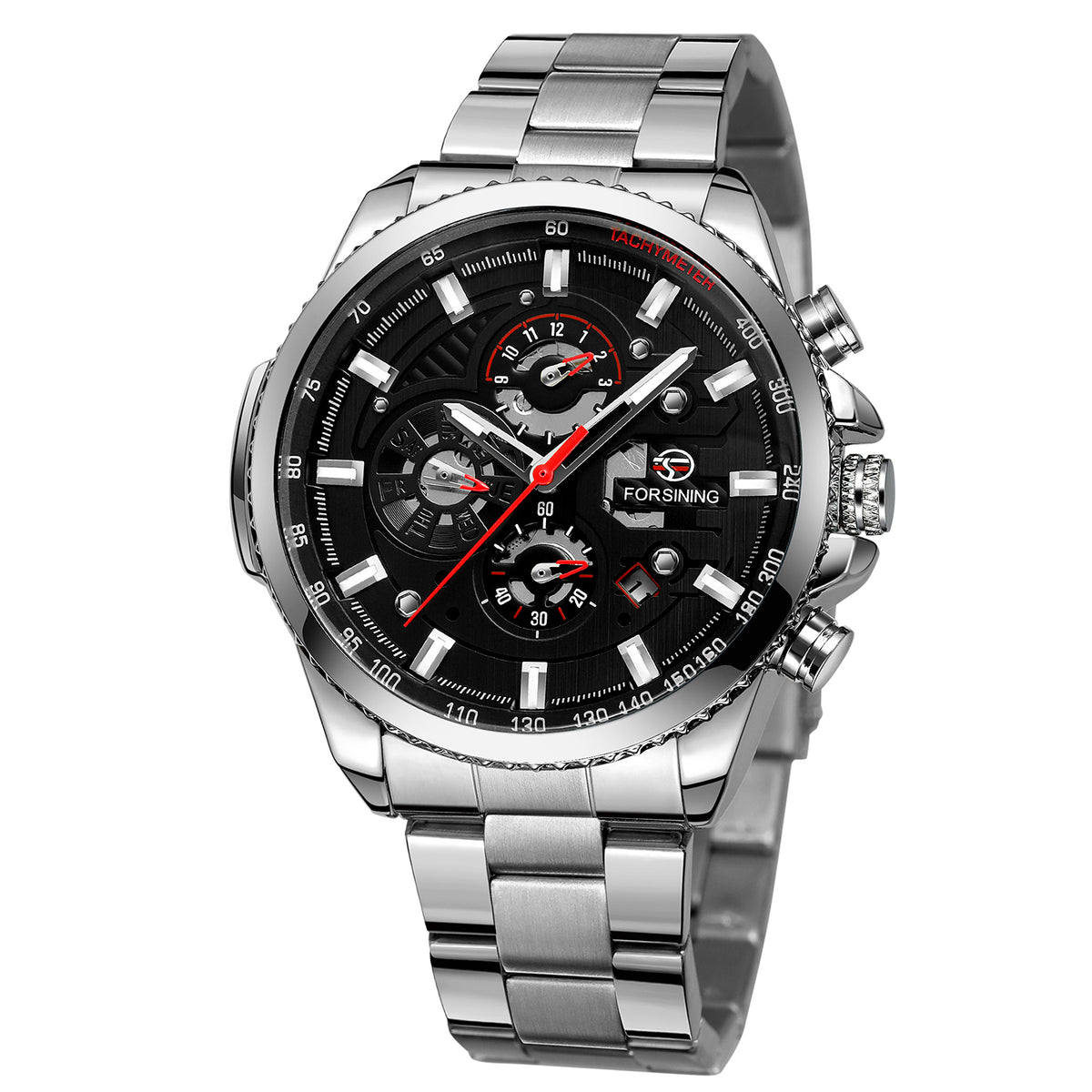 FORSINING Men's Mechanical Watch – Luminous Chronograph, Steel Strap, Auto Calendar