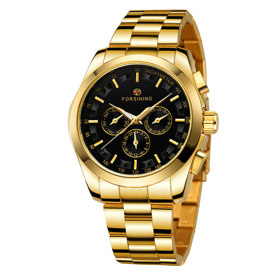 FORSINING Men's Casual Mechanical Watch – Three-Eye, Six-Pin Design