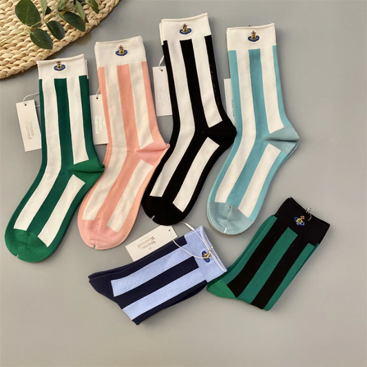 Women’s Cotton Embroidered Socks – Japanese Striped Mid-Tube Trendy Style