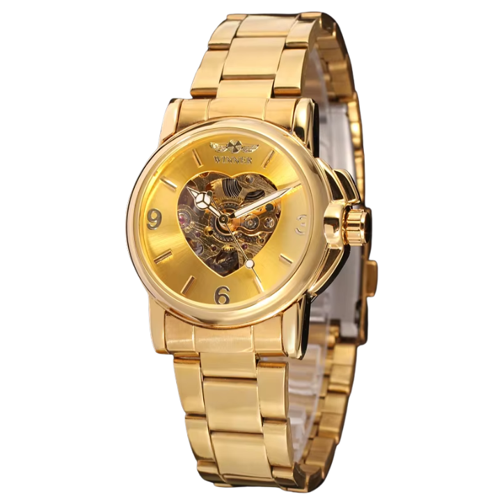 T-Winner Women’s Skeleton Watch – Elegant Heart Design Dial, Stainless Steel Bracelet