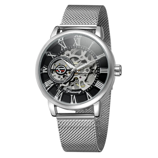 Forsining Men’s Mechanical Skeleton Watch – Mesh Strap Fashion Timepiece with Hollow Dial