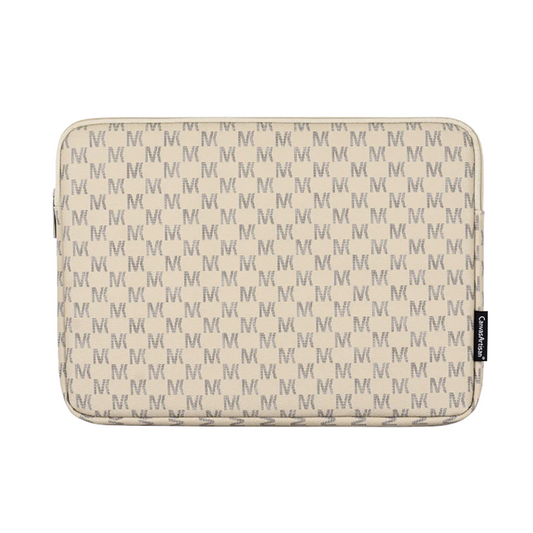 Beige Monogram PU Leather Laptop Sleeve – Waterproof Zipper Case for 11–15” Devices