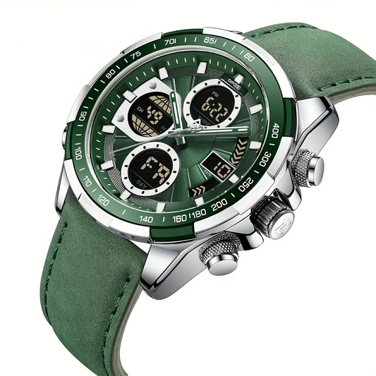 Men's Dual Display Quartz Watch, Waterproof, Leather Band
