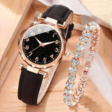 2pcs Women's Casual Round Quartz Watch & Rhinestone Bracelet Set