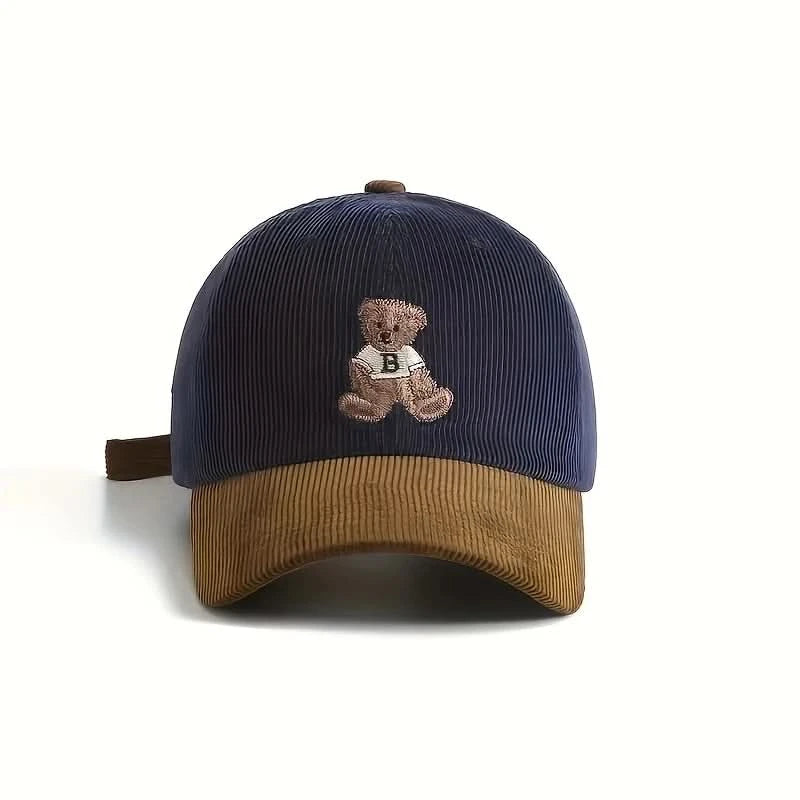 Unisex Corduroy Baseball Cap with Embroidered Bear