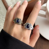 Blue Oval Antique Ring for Women – Adjustable French Retro Copper Statement Jewelry