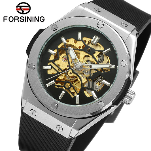 Forsining Men’s Silver Skeleton Watch – Barrel-Shaped Mechanical Timepiece
