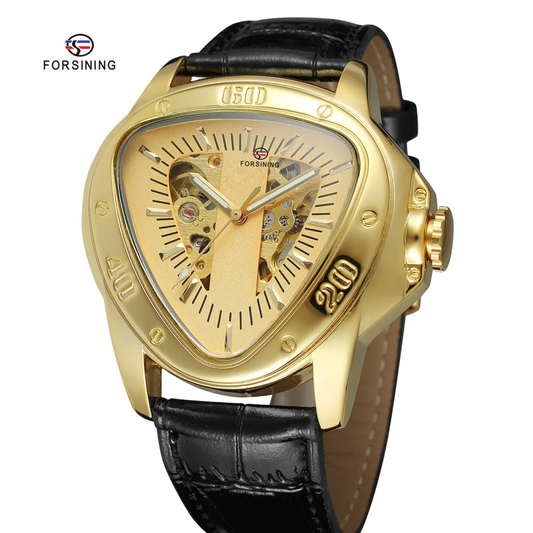 Forsining Men’s Triangle Dial Mechanical Watch – Hollow Design, Leather Strap
