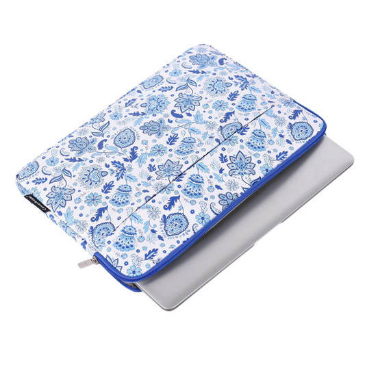 Waterproof Laptop Sleeve – PU Leather, Shockproof Inner Case with Blue Paisley Print