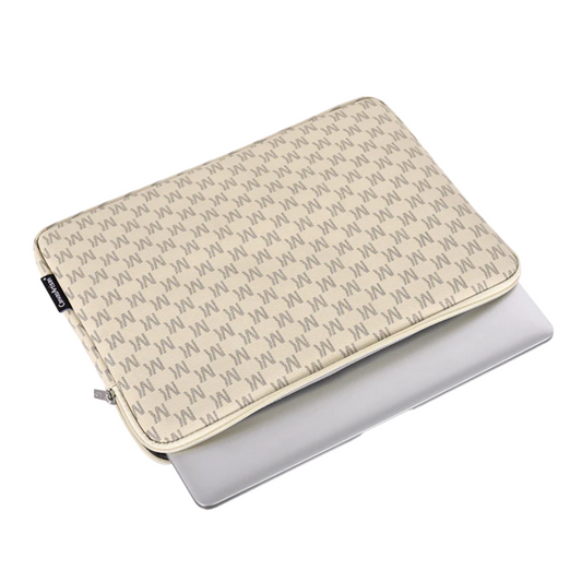 Beige Monogram PU Leather Laptop Sleeve – Waterproof Zipper Case for 11–15” Devices