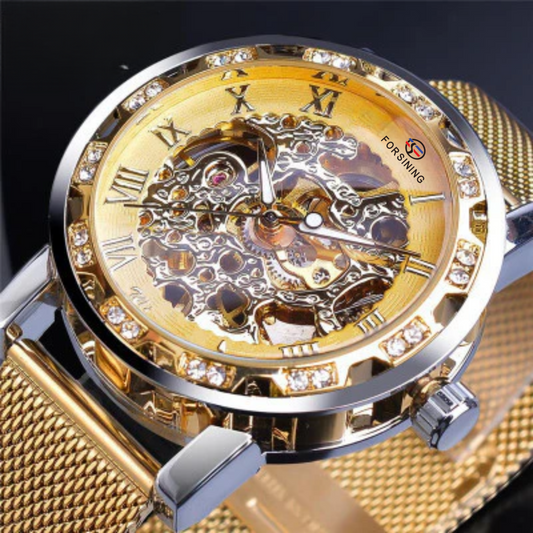 Forsining Men's Skeleton Mechanical Watch – Rhinestone Dial, Luminous Hands, Mesh Strap