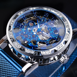 Forsining Men's Skeleton Mechanical Watch – Rhinestone Dial, Luminous Hands, Mesh Strap