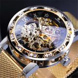 Forsining Men's Skeleton Mechanical Watch – Rhinestone Dial, Luminous Hands, Mesh Strap