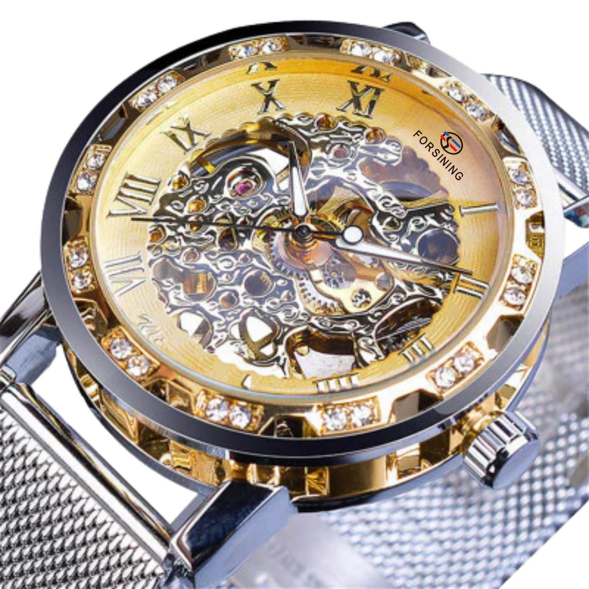 Forsining Men's Skeleton Mechanical Watch – Rhinestone Dial, Luminous Hands, Mesh Strap