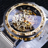 Forsining Men's Skeleton Mechanical Watch – Rhinestone Dial, Luminous Hands, Mesh Strap