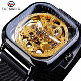 Forsining Men’s Square Mechanical Watch – Stainless Steel Skeleton Dial, Luminous Hands