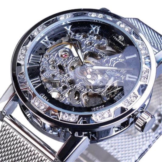 Forsining Men's Skeleton Mechanical Watch – Rhinestone Dial, Luminous Hands, Mesh Strap