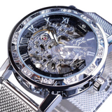 Forsining Men's Skeleton Mechanical Watch – Rhinestone Dial, Luminous Hands, Mesh Strap
