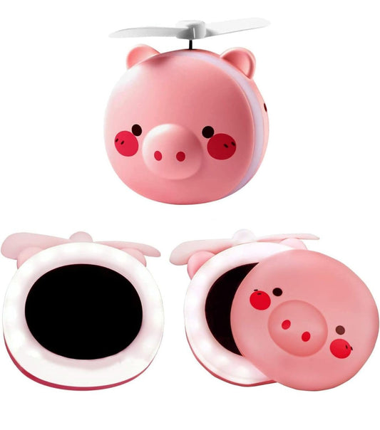 Portable Mini USB Fan – Cute Piggy Beauty Mirror Fan with LED Light & Handheld Design