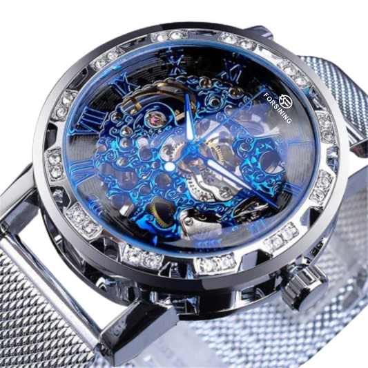 Forsining Men's Skeleton Mechanical Watch – Rhinestone Dial, Luminous Hands, Mesh Strap