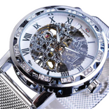 Forsining Men's Skeleton Mechanical Watch – Rhinestone Dial, Luminous Hands, Mesh Strap