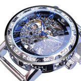 Forsining Men's Skeleton Mechanical Watch – Rhinestone Dial, Luminous Hands, Mesh Strap