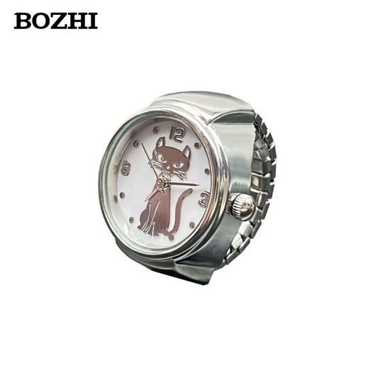 BOZHI Minimalist Kitty Pattern Ring Watch for Women – Quartz Finger Watch