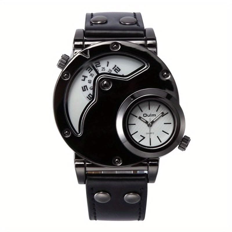 Unique Double Time Zone Men's Sports Quartz Watch with PU Leather Strap