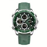 Men's Dual Display Quartz Watch, Waterproof, Leather Band