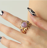 Vintage Triple Gem Statement Ring – Purple Gold Ornate Beaded Halo Jewelry