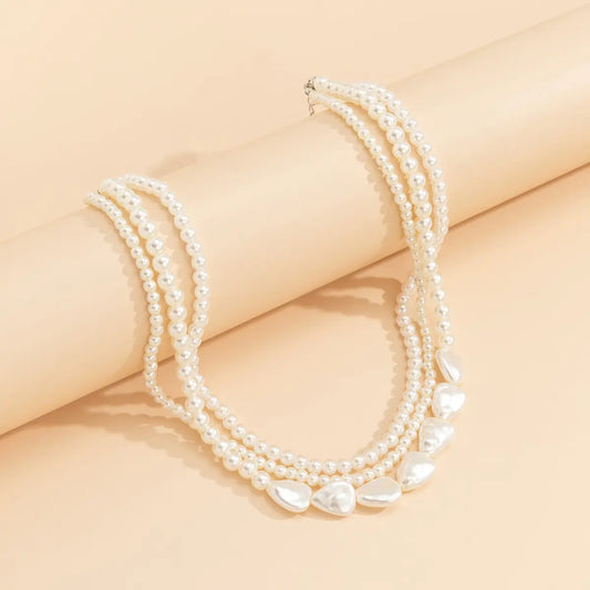Modern Muse Triple-Layer Heart Pearl Necklace – Imitation Pearl Jewelry for Women
