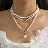 3-Layer Pearl Necklace Set for Women – With Heart & Gold Toggle Clasps