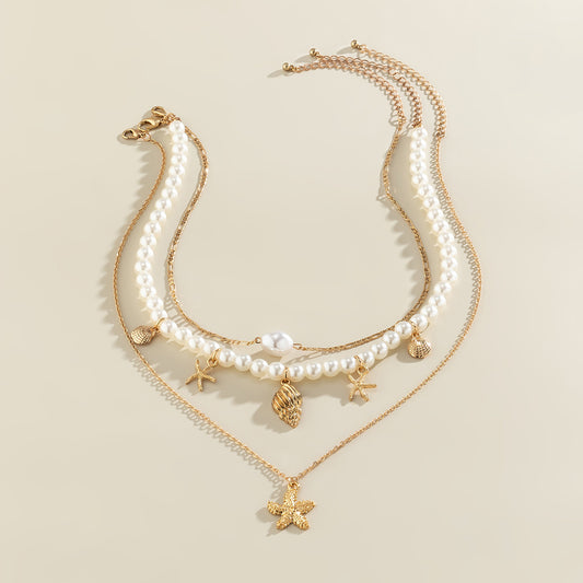 Layered Pearl Sea Pendant Necklace for Women – Fashionable Alloy Jewelry