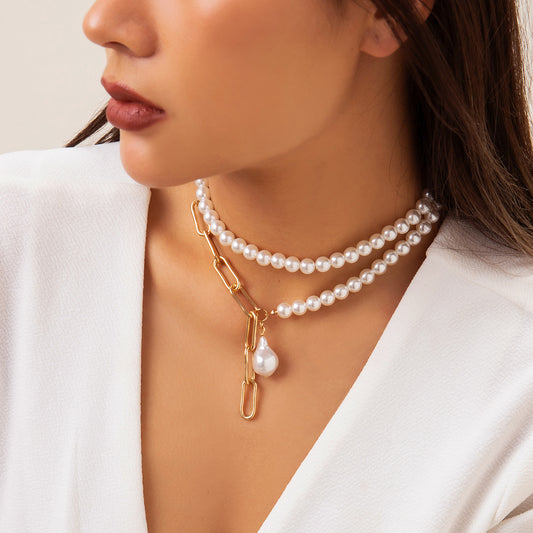 Classic Pearl Layered Necklace – Irregular Gold Chain Statement Jewelry for Women