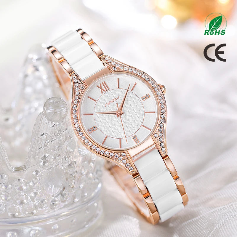SINOBI Women's Quartz Watch – Ceramic Alloy Strap, Auto Date, Fashion Luxury Timepiece