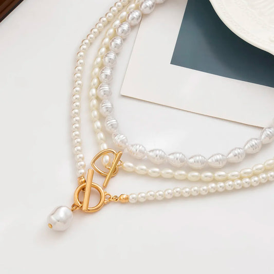 3-Layer Pearl Necklace Set for Women – With Heart & Gold Toggle Clasps