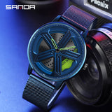 Sanda Men’s Mesh Quartz Watch – 360° Rotating Dial, Hollow Design, Waterproof Wristwatch