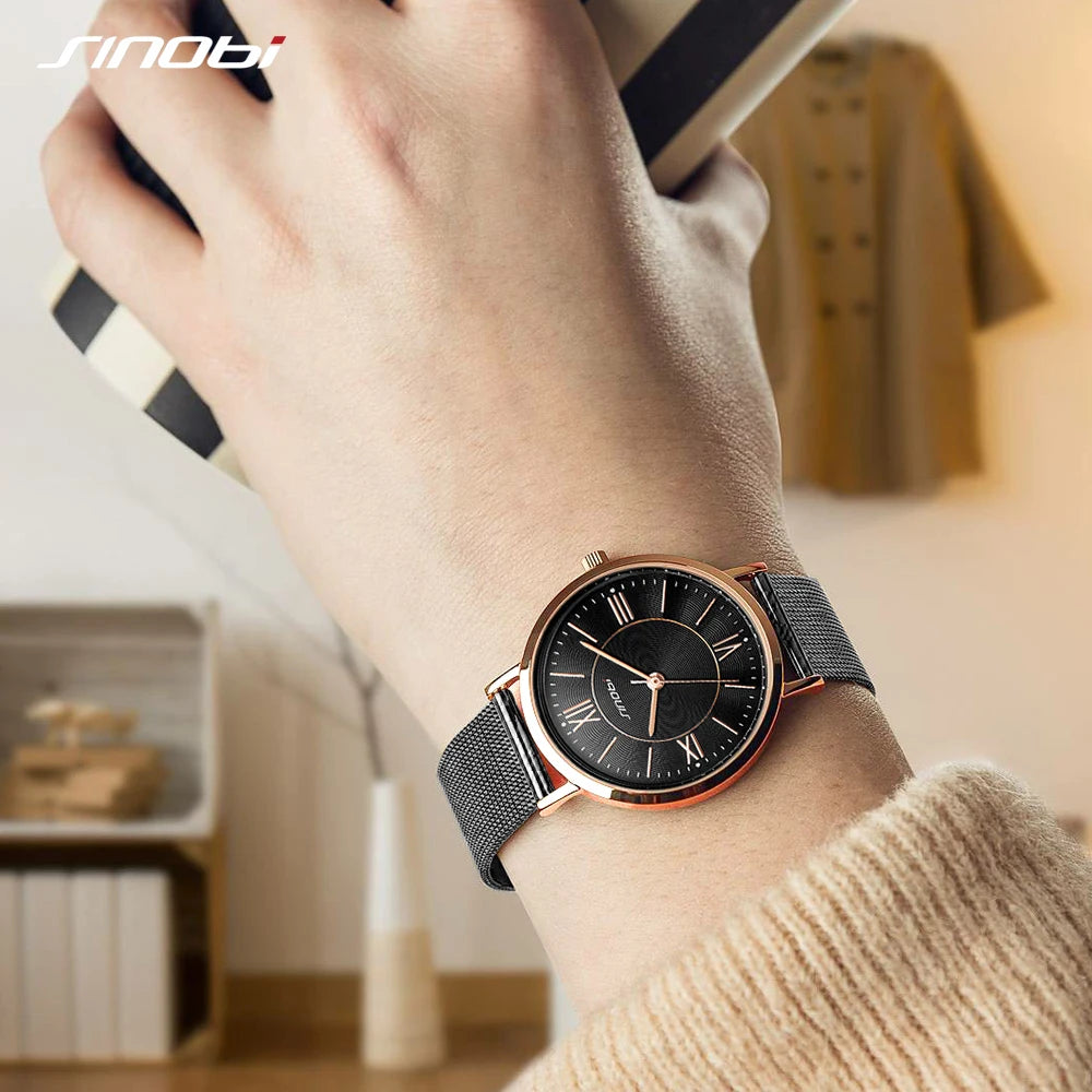 Sinobi Women's Quartz Watch – Roman Scale Mesh Strap Waterproof Fashion Timepiece
