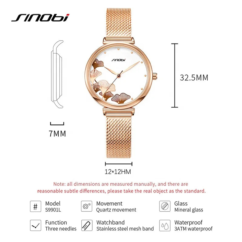 Sinobi Women's Fashion Quartz Watch – Rose Gold Mesh Strap, Vintage Small Dial