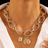 Retro Coin Pendant Necklace – Handmade Thick Chain Statement Jewelry for Women