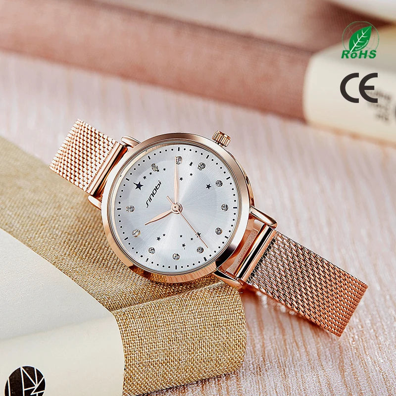 SINOBI Women's Quartz Watch – Waterproof Stainless Steel Mesh Band, Elegant Business Style