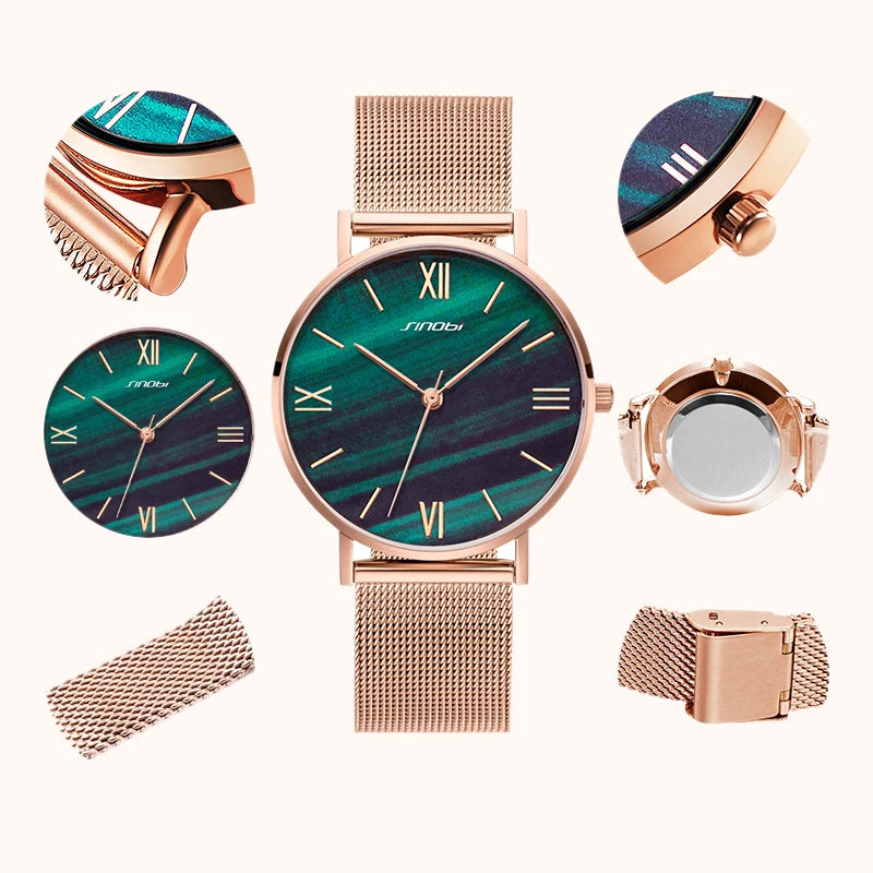 SINOBI Women's Elegant Quartz Watch – Minimalist Design with Rose Gold Mesh Band