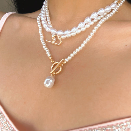 Layered Baroque Pearl Necklace – Gold Toggle Clasp Chain Jewelry for Women